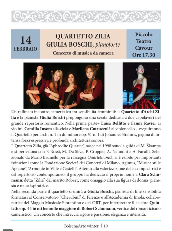 BolsenArte Winter Music Festival 2025/26 – Quartetto Zilia and Giulia Boschi on piano
